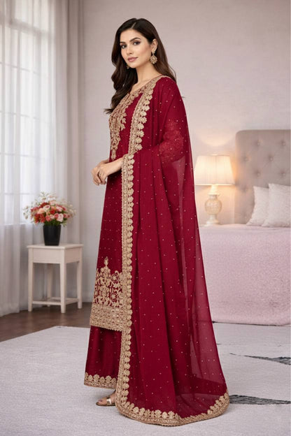 Maroon Designer Pure GMY Silk Top Bottom and Dupatta For Party Wear