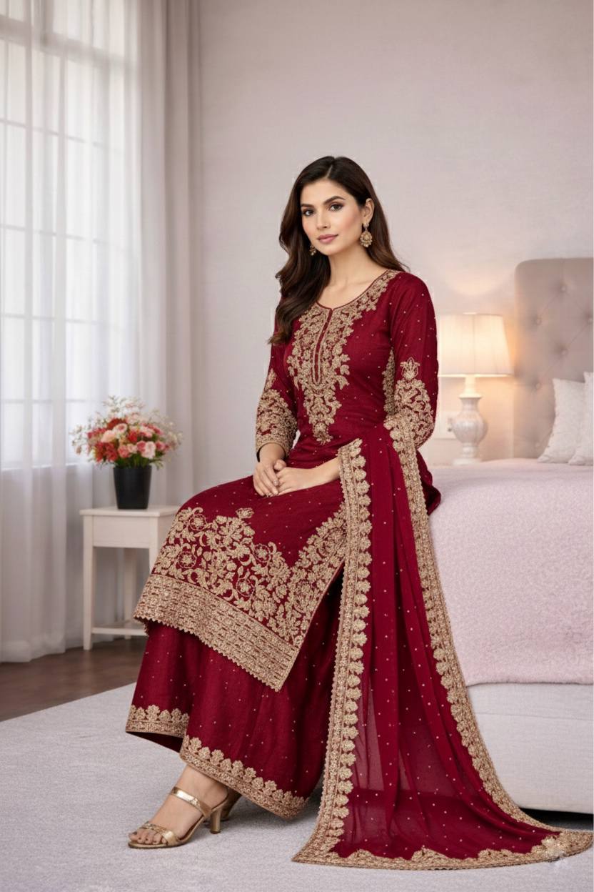 Maroon Designer Pure GMY Silk Top Bottom and Dupatta For Party Wear
