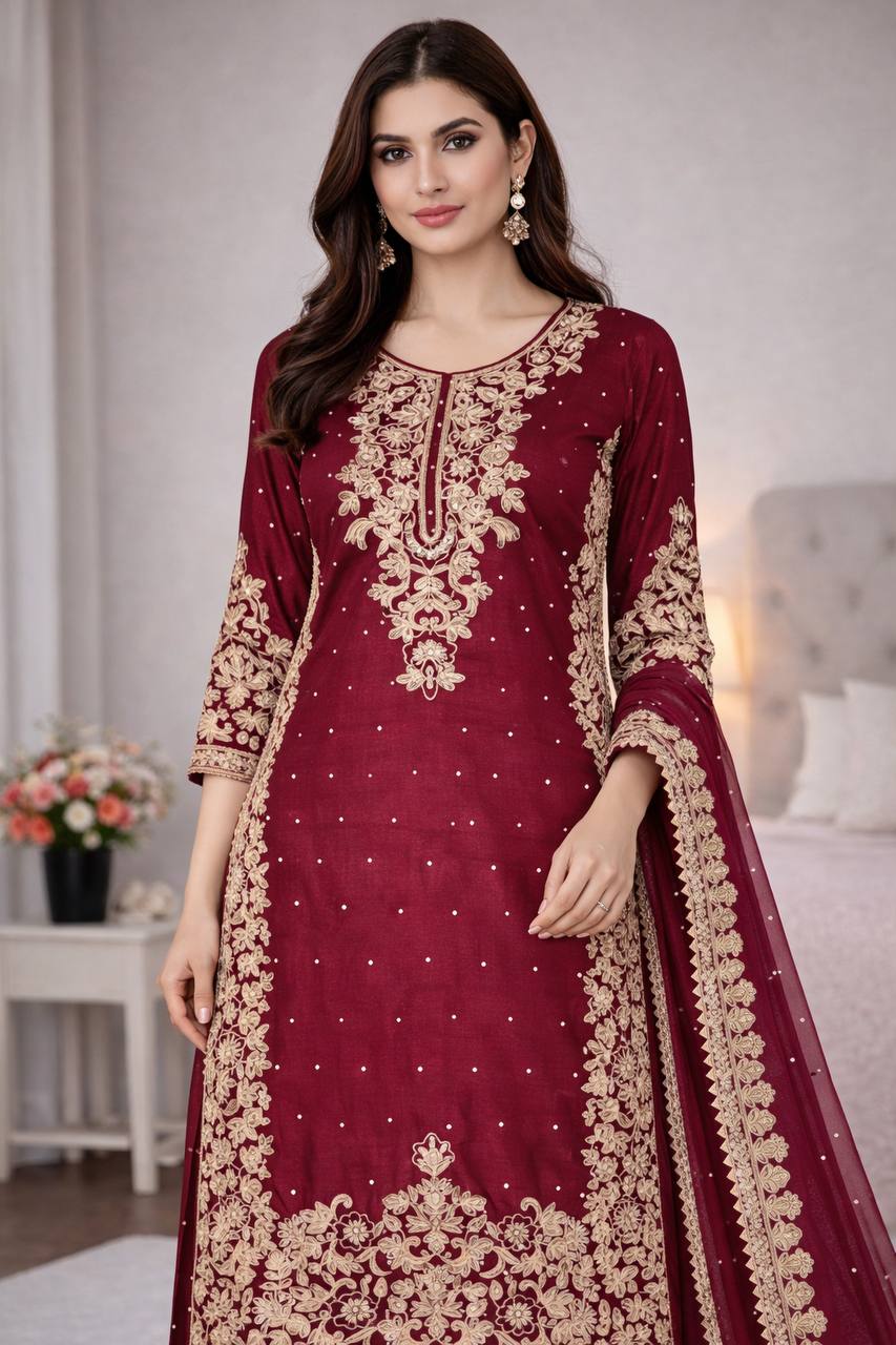 Maroon Designer Pure GMY Silk Top Bottom and Dupatta For Party Wear