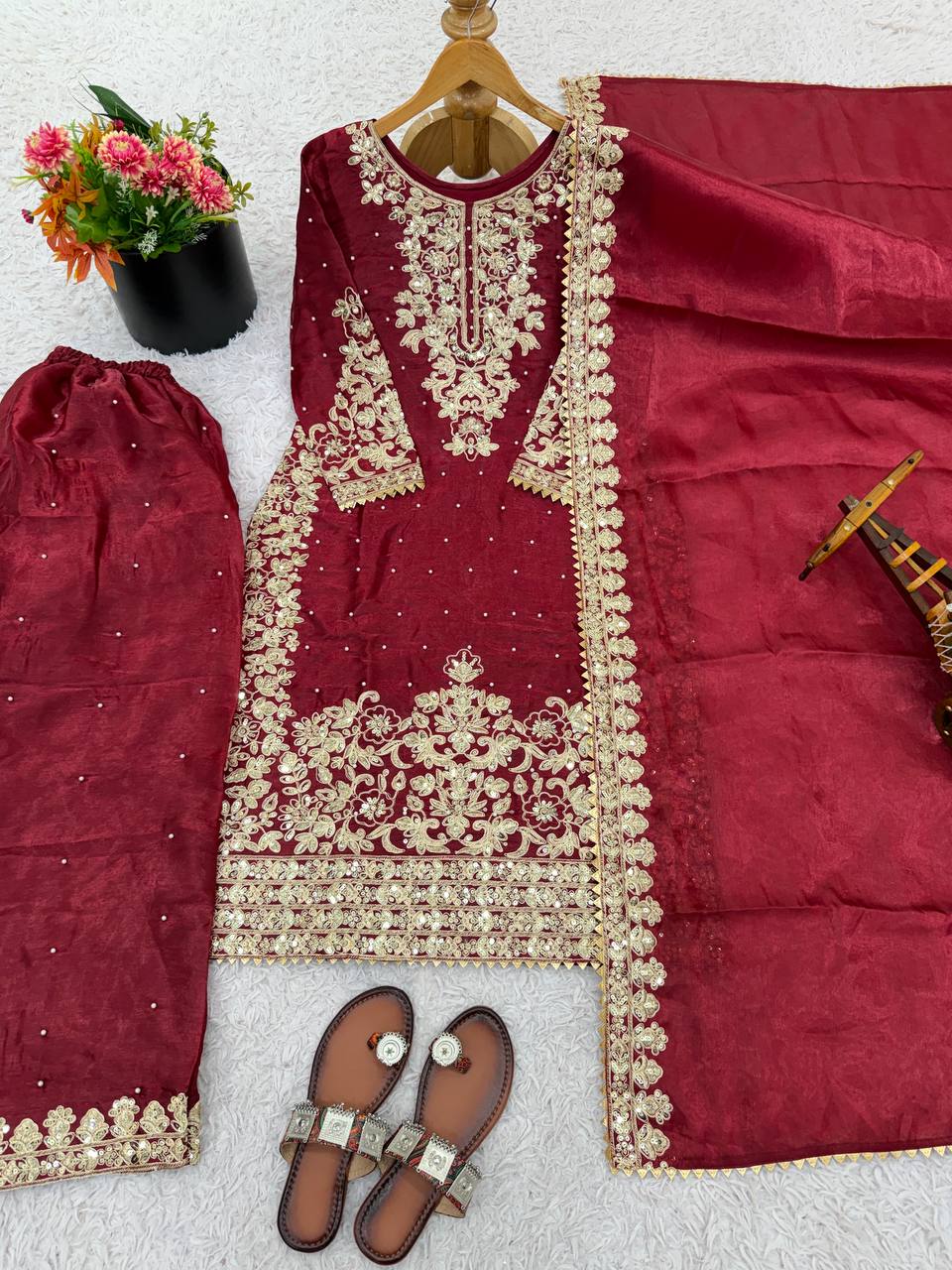 Maroon Designer Pure GMY Silk Top Bottom and Dupatta For Party Wear