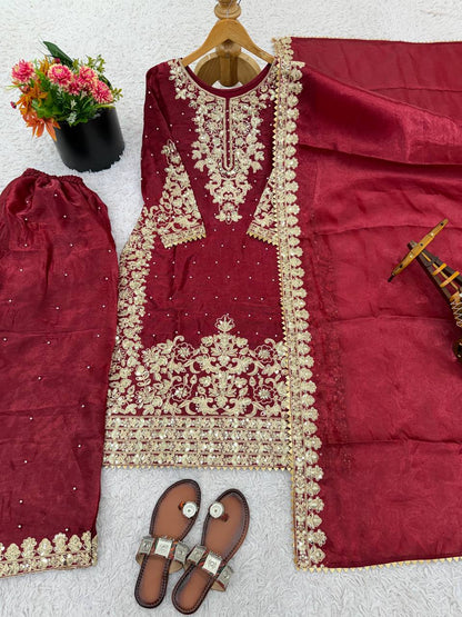 Maroon Designer Pure GMY Silk Top Bottom and Dupatta For Party Wear