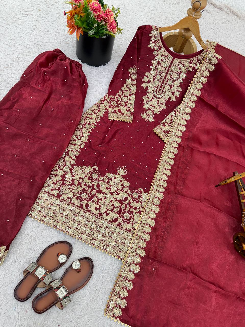 Maroon Designer Pure GMY Silk Top Bottom and Dupatta For Party Wear