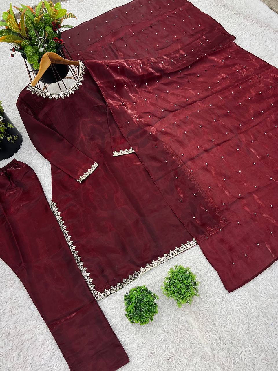 Maroon Designer Pure Jimmy Choo Silk Embroidery Top Bottom and Dupatta