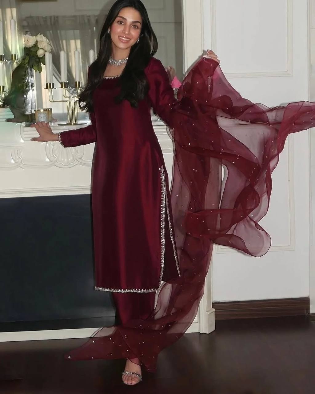 Maroon Designer Pure Jimmy Choo Silk Embroidery Top Bottom and Dupatta