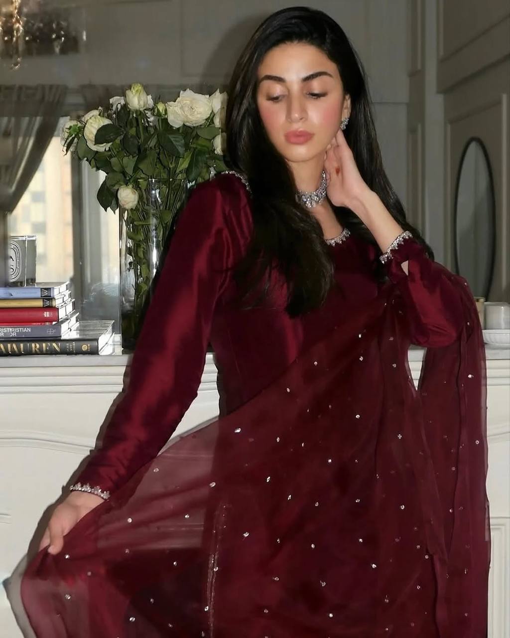 Maroon Designer Pure Jimmy Choo Silk Embroidery Top Bottom and Dupatta
