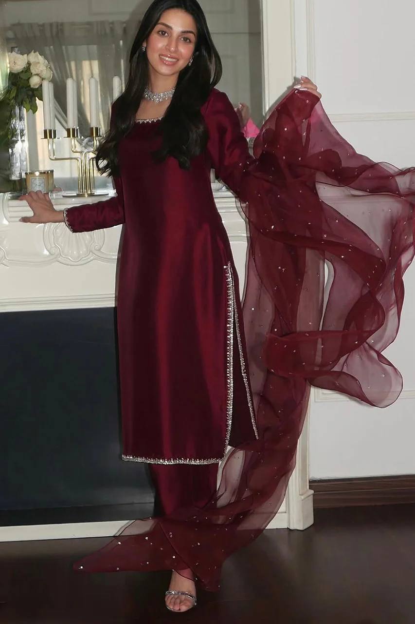 Maroon Designer Pure Jimmy Choo Silk Embroidery Top Bottom and Dupatta