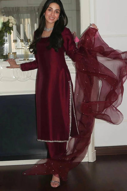 Maroon Designer Pure Jimmy Choo Silk Embroidery Top Bottom and Dupatta