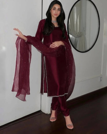 Maroon Designer Pure Jimmy Choo Silk Embroidery Top Bottom and Dupatta