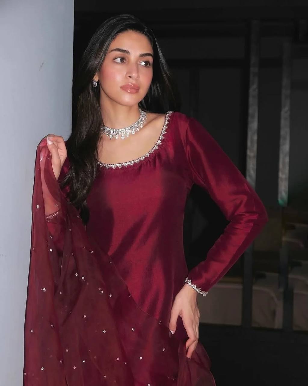Maroon Designer Pure Jimmy Choo Silk Embroidery Top Bottom and Dupatta