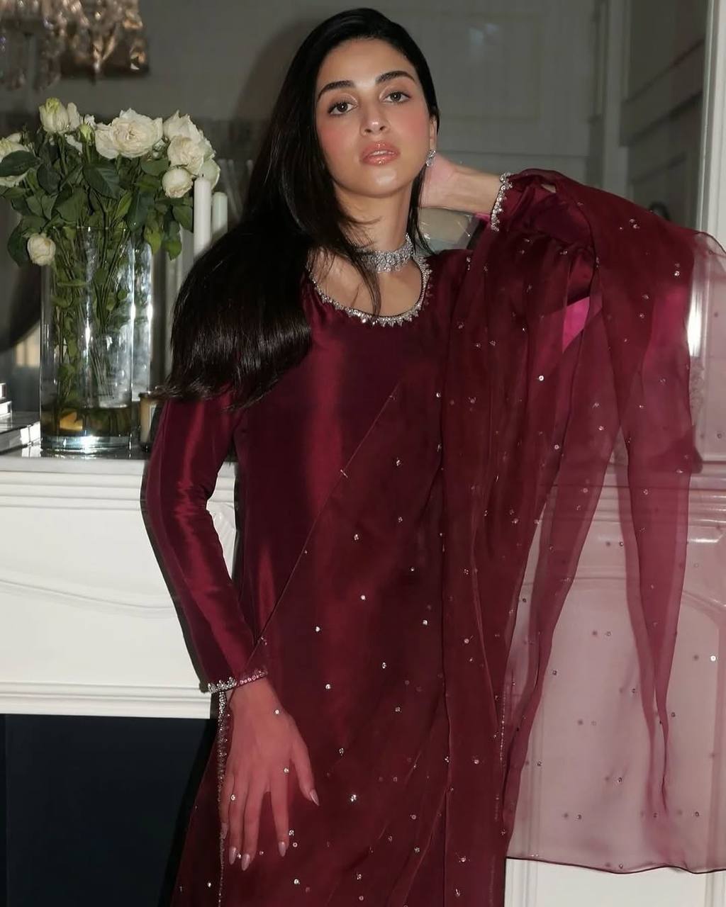 Maroon Designer Pure Jimmy Choo Silk Embroidery Top Bottom and Dupatta