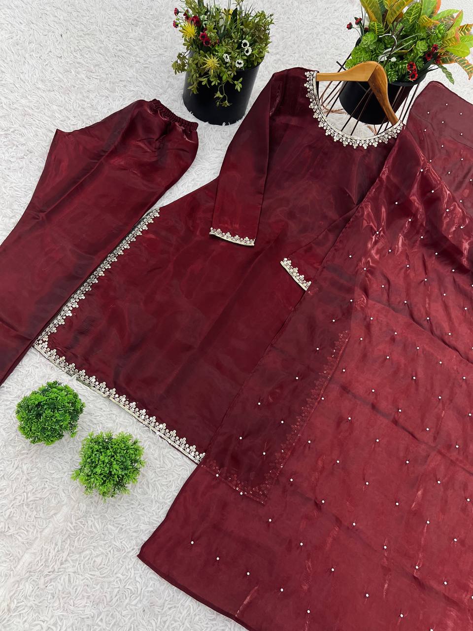 Maroon Designer Pure Jimmy Choo Silk Embroidery Top Bottom and Dupatta
