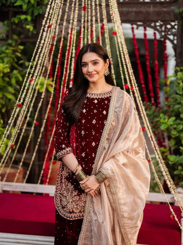 Maroon Designer Velvet Palazzo Set with Embroidery French Crepe Dupatta