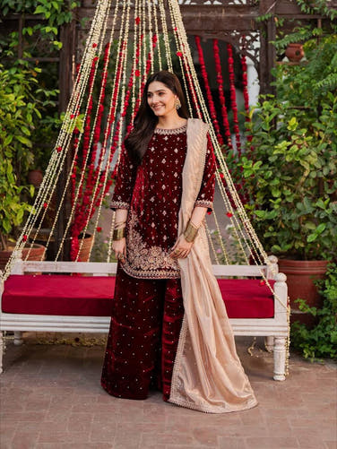 Maroon Designer Velvet Palazzo Set with Embroidery French Crepe Dupatta