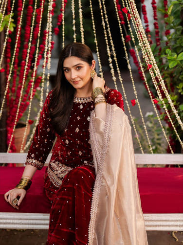 Maroon Designer Velvet Palazzo Set with Embroidery French Crepe Dupatta