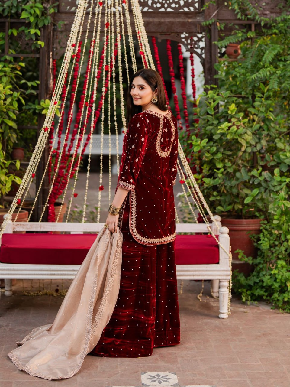 Maroon Designer Velvet Palazzo Set with Embroidery French Crepe Dupatta