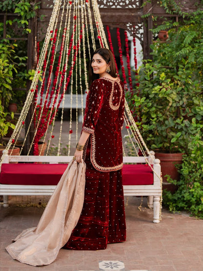 Maroon Designer Velvet Palazzo Set with Embroidery French Crepe Dupatta