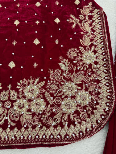 Maroon Designer Velvet Palazzo Set with Embroidery French Crepe Dupatta