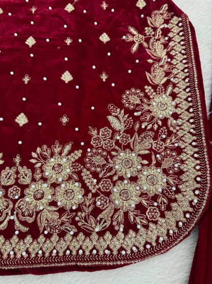 Maroon Designer Velvet Palazzo Set with Embroidery French Crepe Dupatta