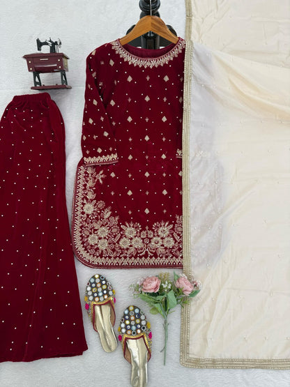 Maroon Designer Velvet Palazzo Set with Embroidery French Crepe Dupatta