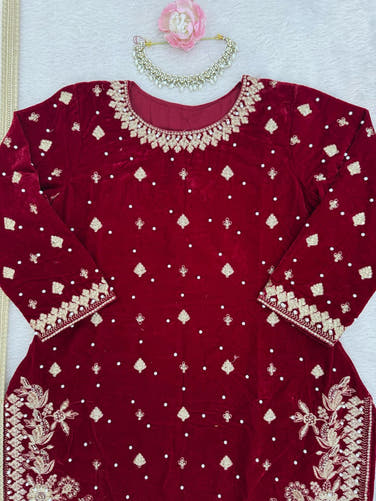 Maroon Designer Velvet Palazzo Set with Embroidery French Crepe Dupatta