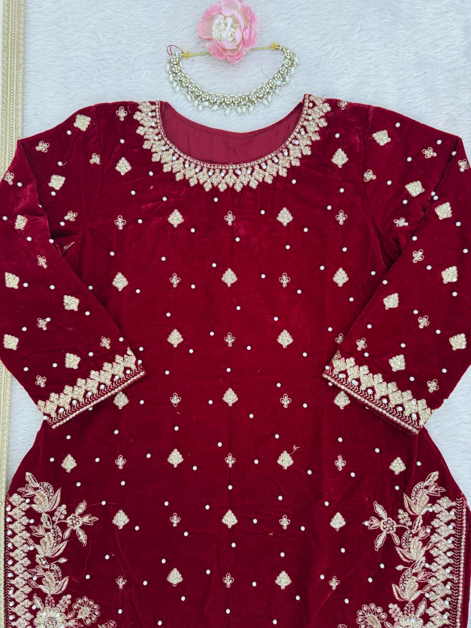 Maroon Designer Velvet Palazzo Set with Embroidery French Crepe Dupatta