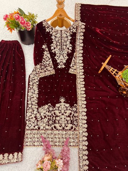 Maroon Designer Viscose Velvet Coding Top and Dupatta For Party Wear