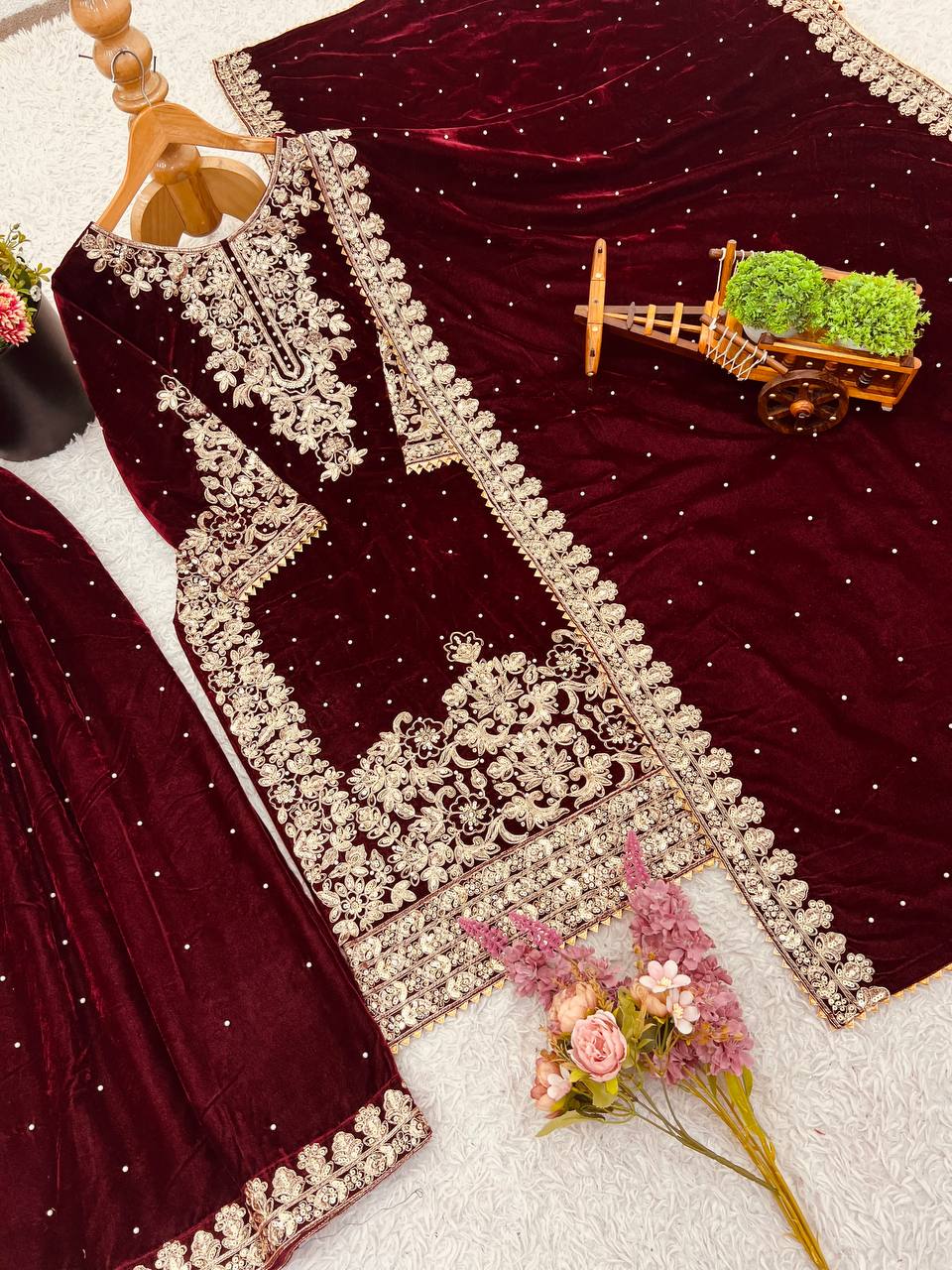 Maroon Designer Viscose Velvet Coding Top and Dupatta For Party Wear