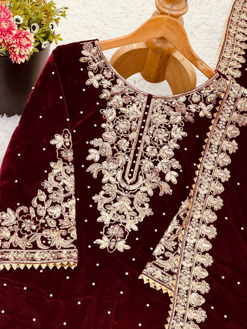 Maroon Designer Viscose Velvet Coding Top and Dupatta For Party Wear