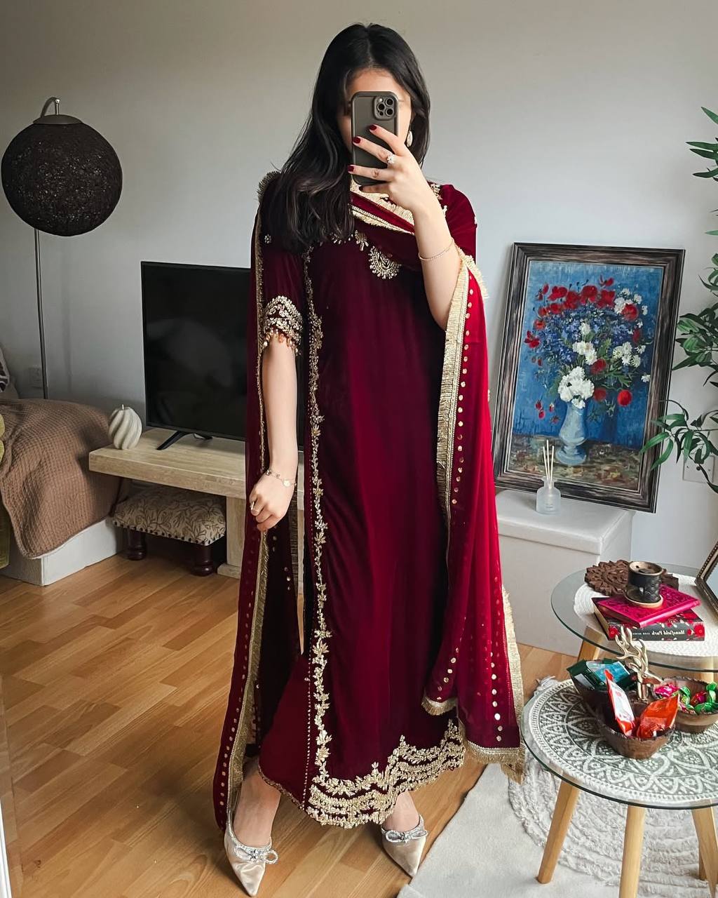 Maroon Designer Viscose Velvet Sharara Suit and Dupatta For Party Wear
