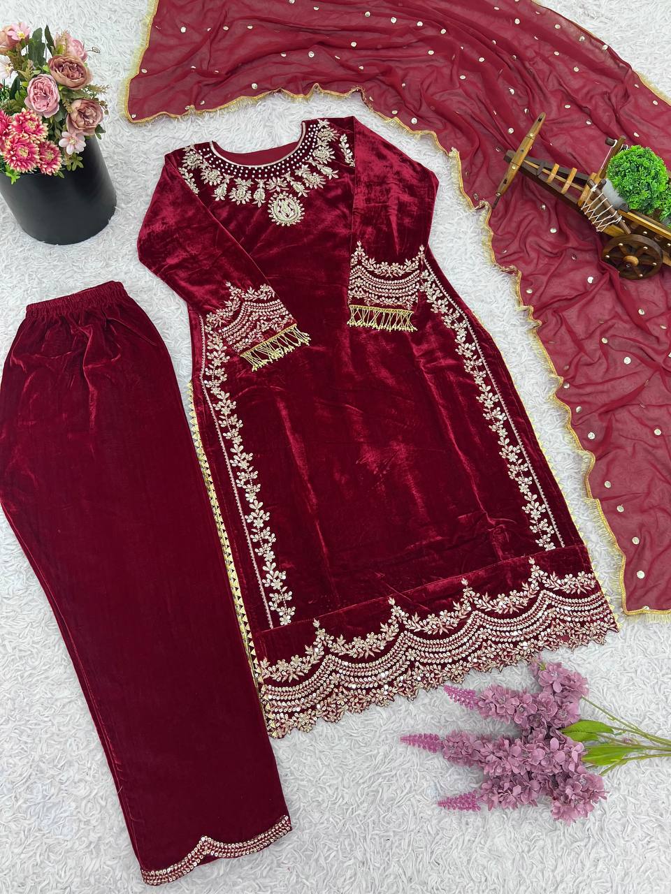 Maroon Designer Viscose Velvet Sharara Suit and Dupatta For Party Wear