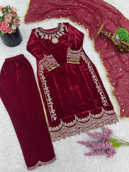 Maroon Designer Viscose Velvet Sharara Suit and Dupatta For Party Wear