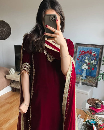 Maroon Designer Viscose Velvet Sharara Suit and Dupatta For Party Wear