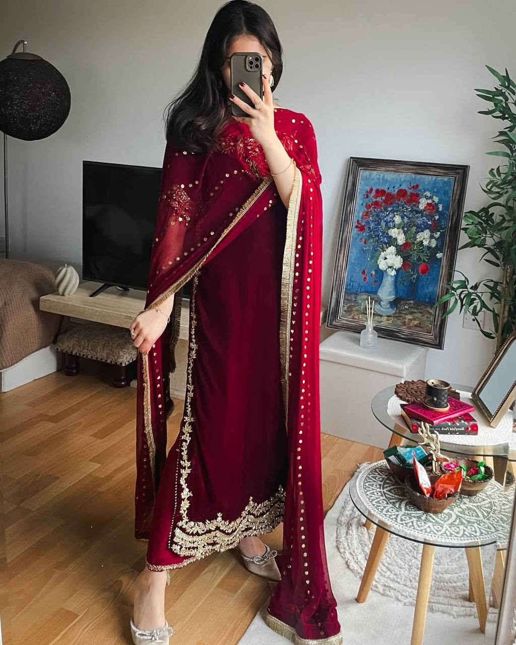 Maroon Designer Viscose Velvet Sharara Suit and Dupatta For Party Wear