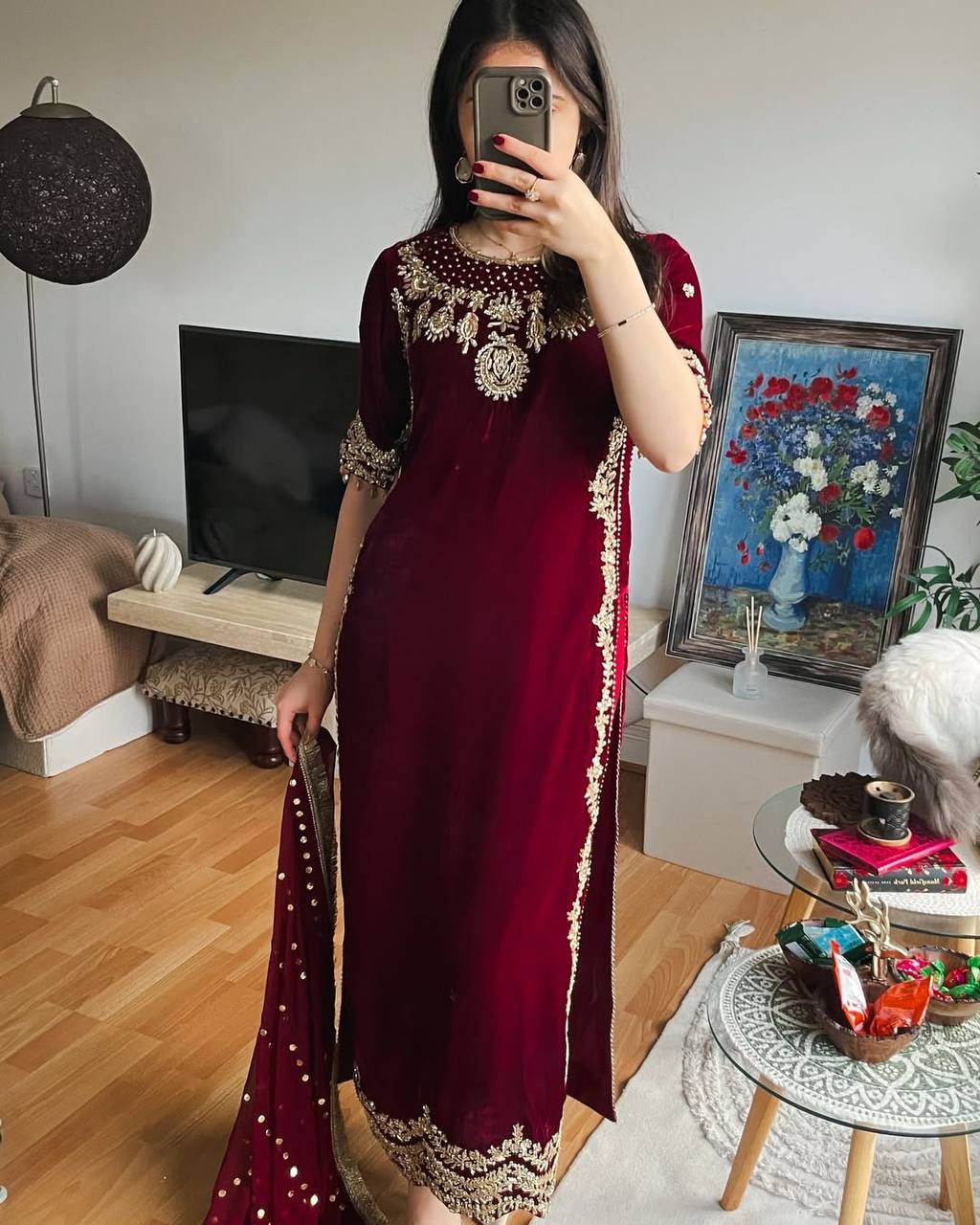 Maroon Designer Viscose Velvet Sharara Suit and Dupatta For Party Wear
