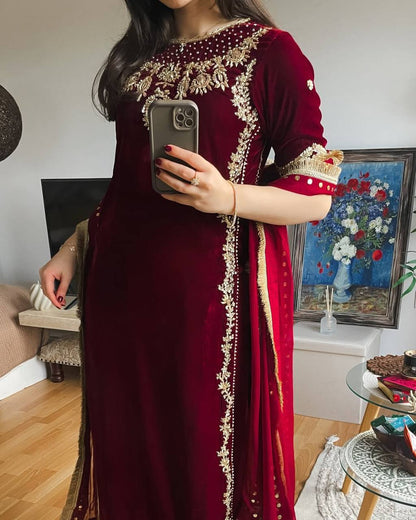 Maroon Designer Viscose Velvet Sharara Suit and Dupatta For Party Wear
