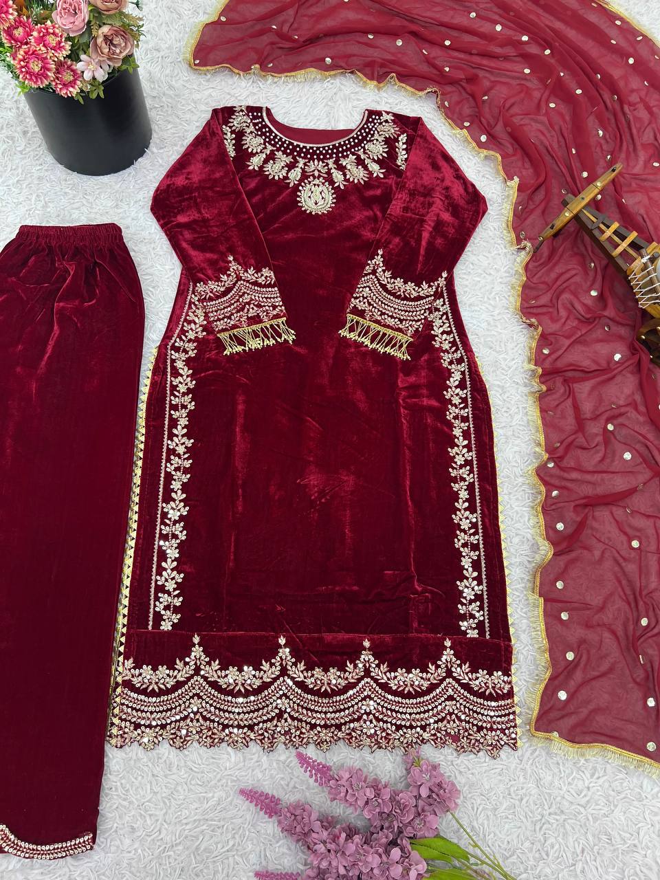 Maroon Designer Viscose Velvet Sharara Suit and Dupatta For Party Wear