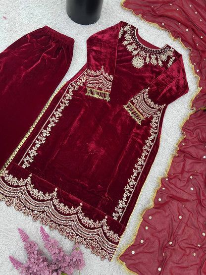 Maroon Designer Viscose Velvet Sharara Suit and Dupatta For Party Wear