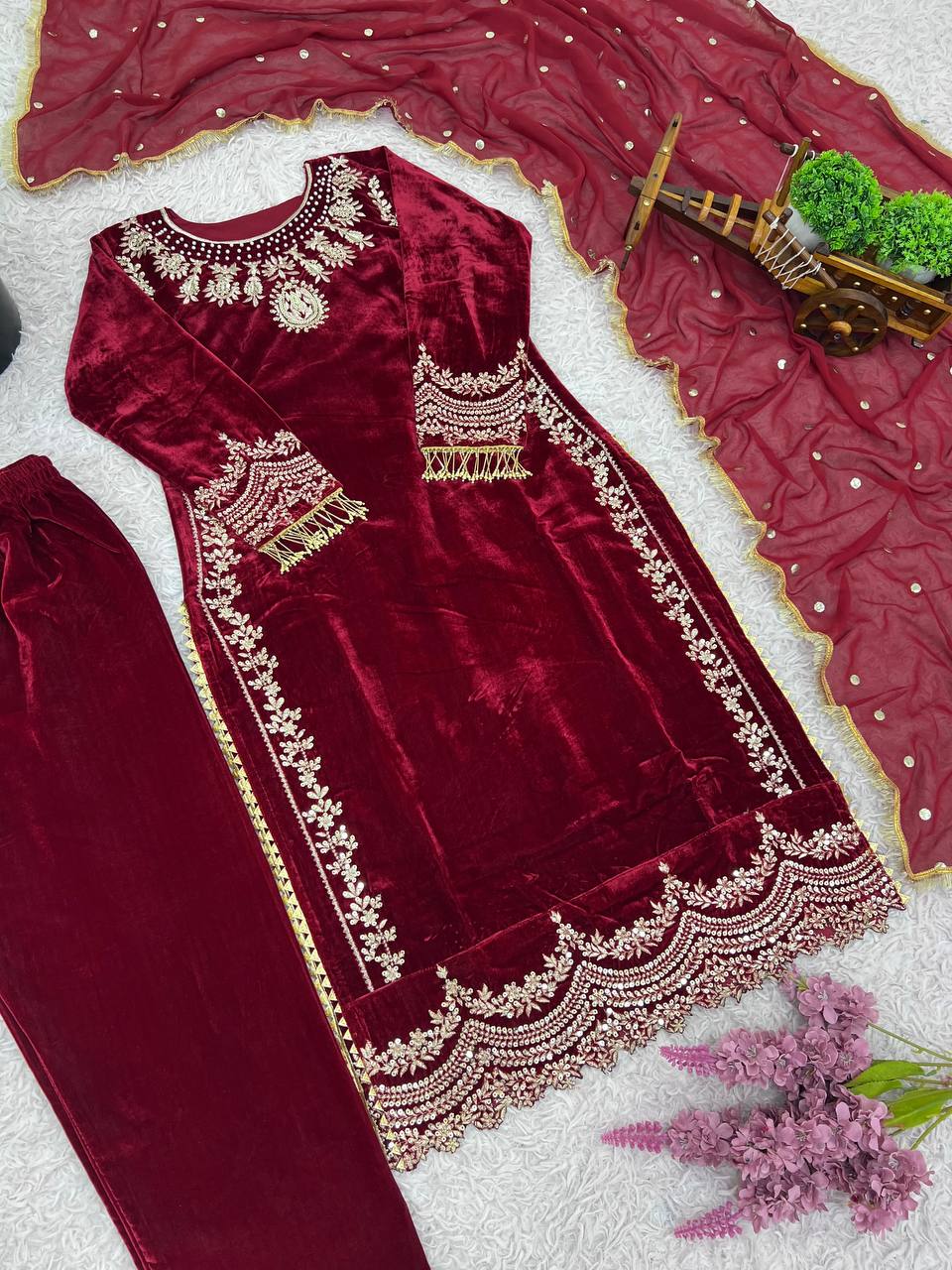 Maroon Designer Viscose Velvet Sharara Suit and Dupatta For Party Wear