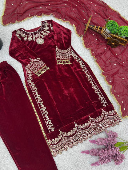 Maroon Designer Viscose Velvet Sharara Suit and Dupatta For Party Wear