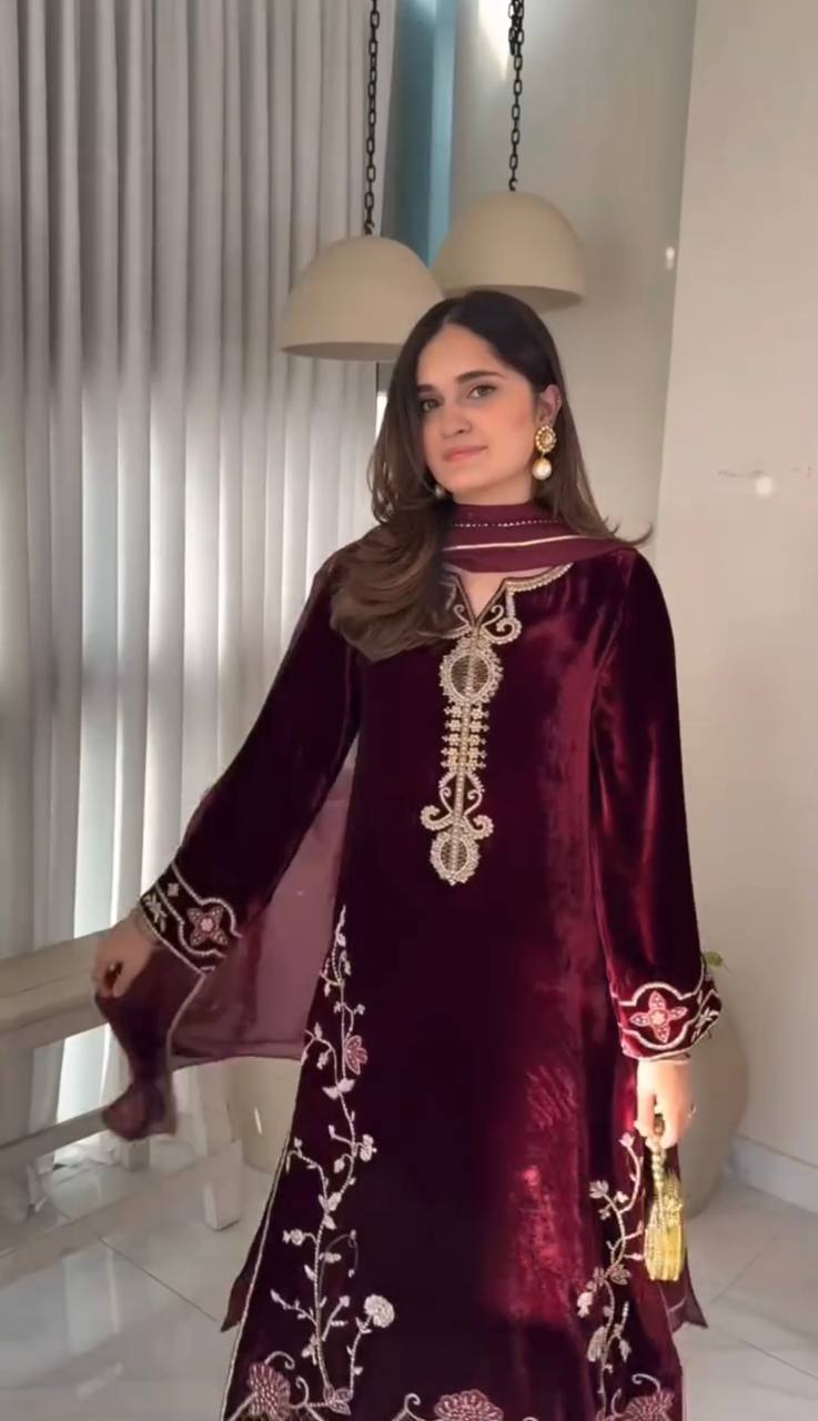 Maroon Designer Viscose Velvet Top Bottom and Dupatta For Party Wear
