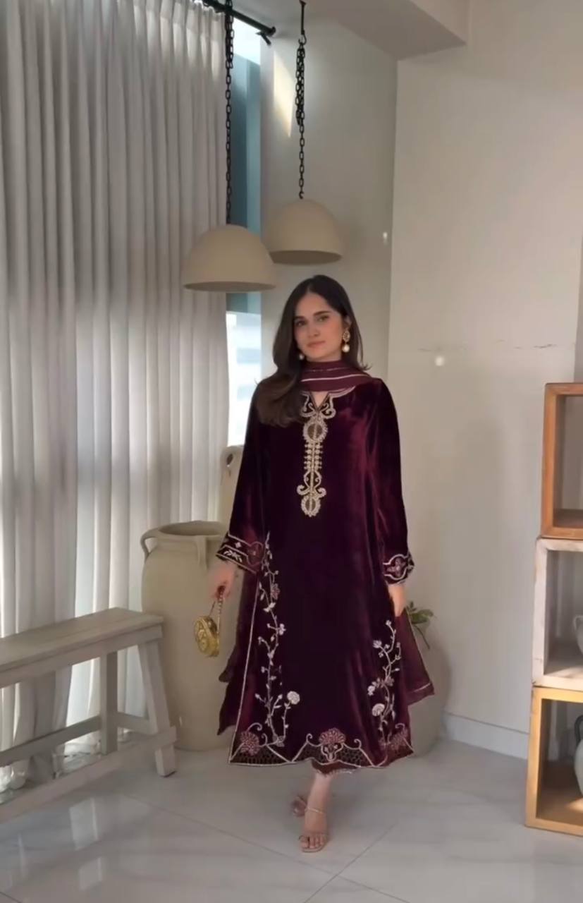 Maroon Designer Viscose Velvet Top Bottom and Dupatta For Party Wear