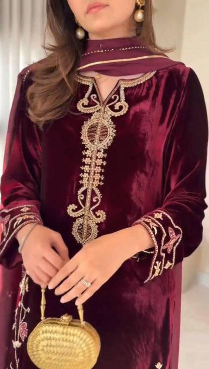 Maroon Designer Viscose Velvet Top Bottom and Dupatta For Party Wear