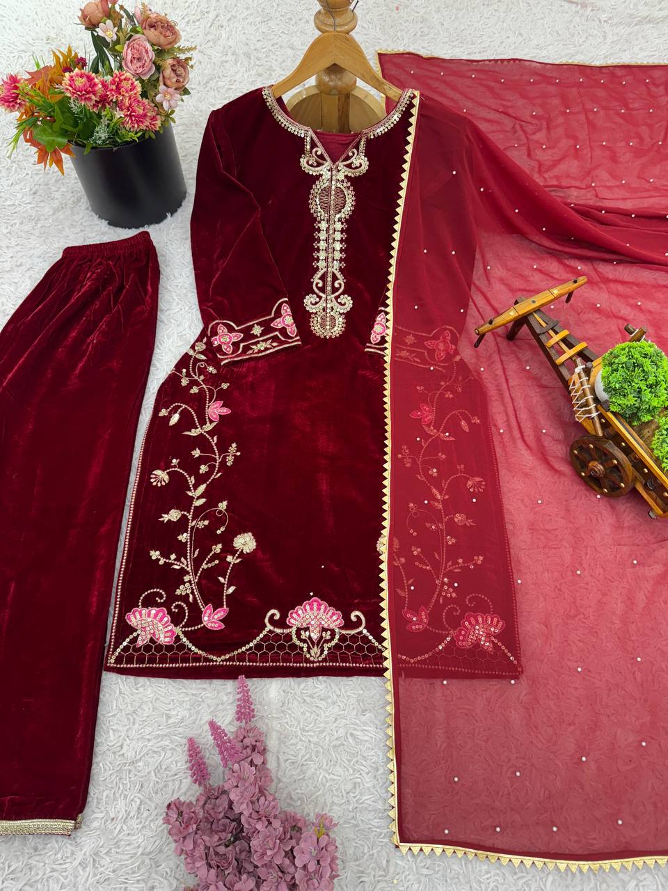 Maroon Designer Viscose Velvet Top Bottom and Dupatta For Party Wear