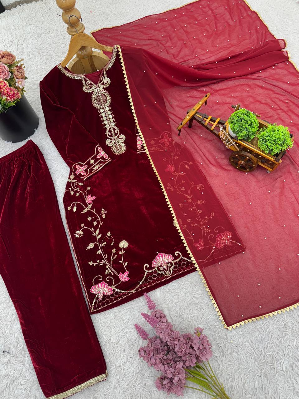 Maroon Designer Viscose Velvet Top Bottom and Dupatta For Party Wear