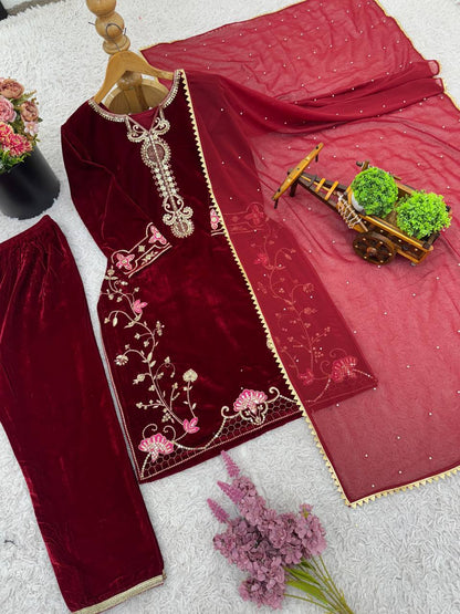 Maroon Designer Viscose Velvet Top Bottom and Dupatta For Party Wear