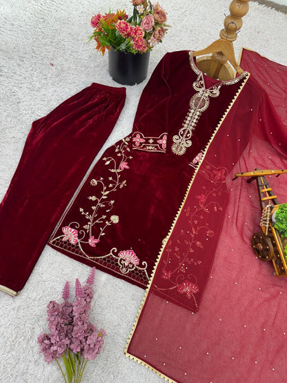 Maroon Designer Viscose Velvet Top Bottom and Dupatta For Party Wear
