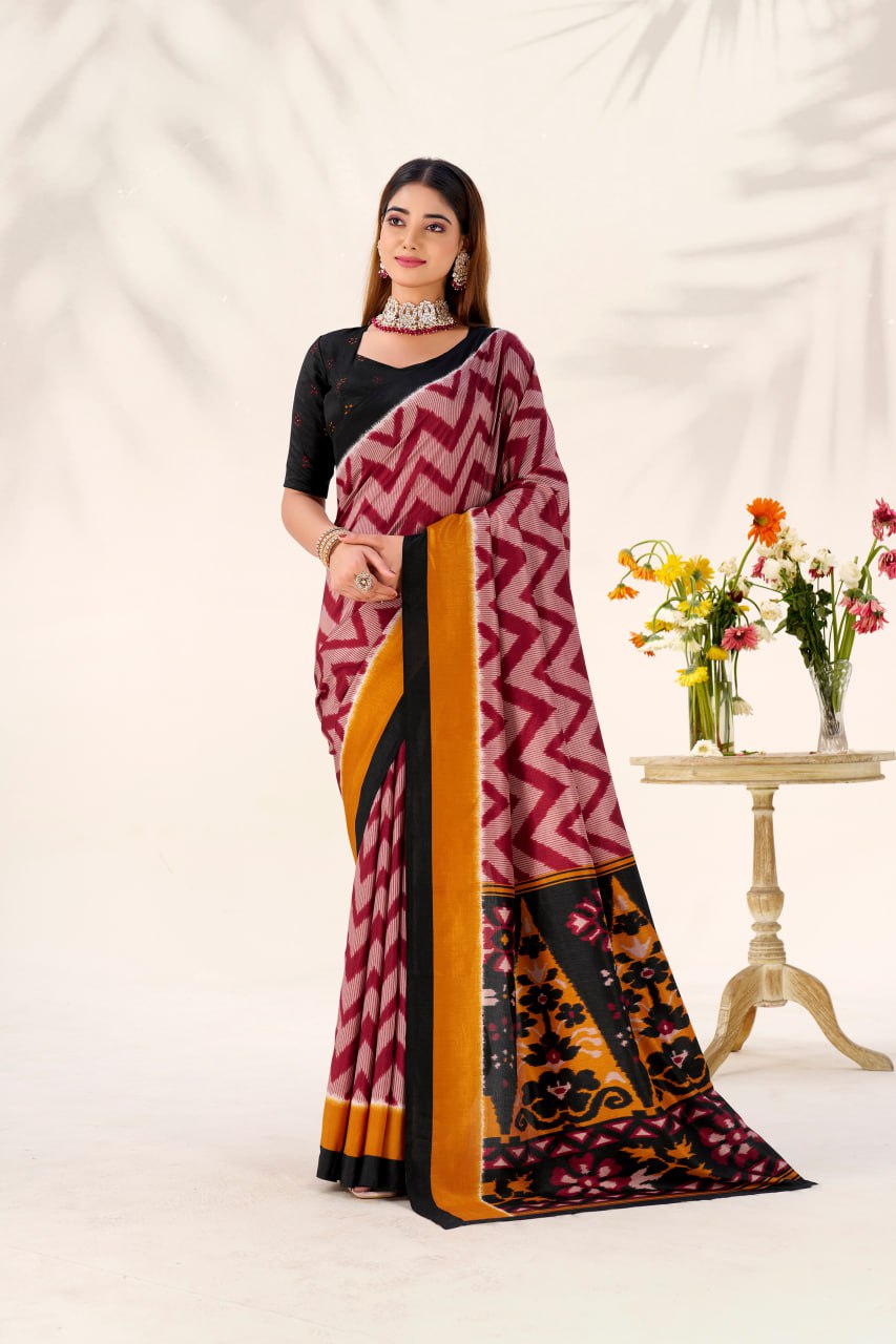 Maroon Elegant Zigzag Tasar Silk Printed Saree with Matching Blouse