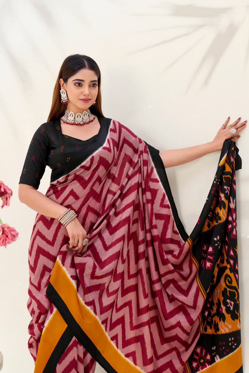 Maroon Elegant Zigzag Tasar Silk Printed Saree with Matching Blouse
