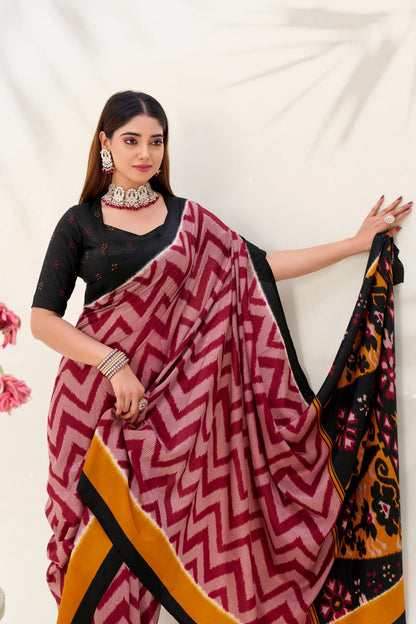 Maroon Elegant Zigzag Tasar Silk Printed Saree with Matching Blouse