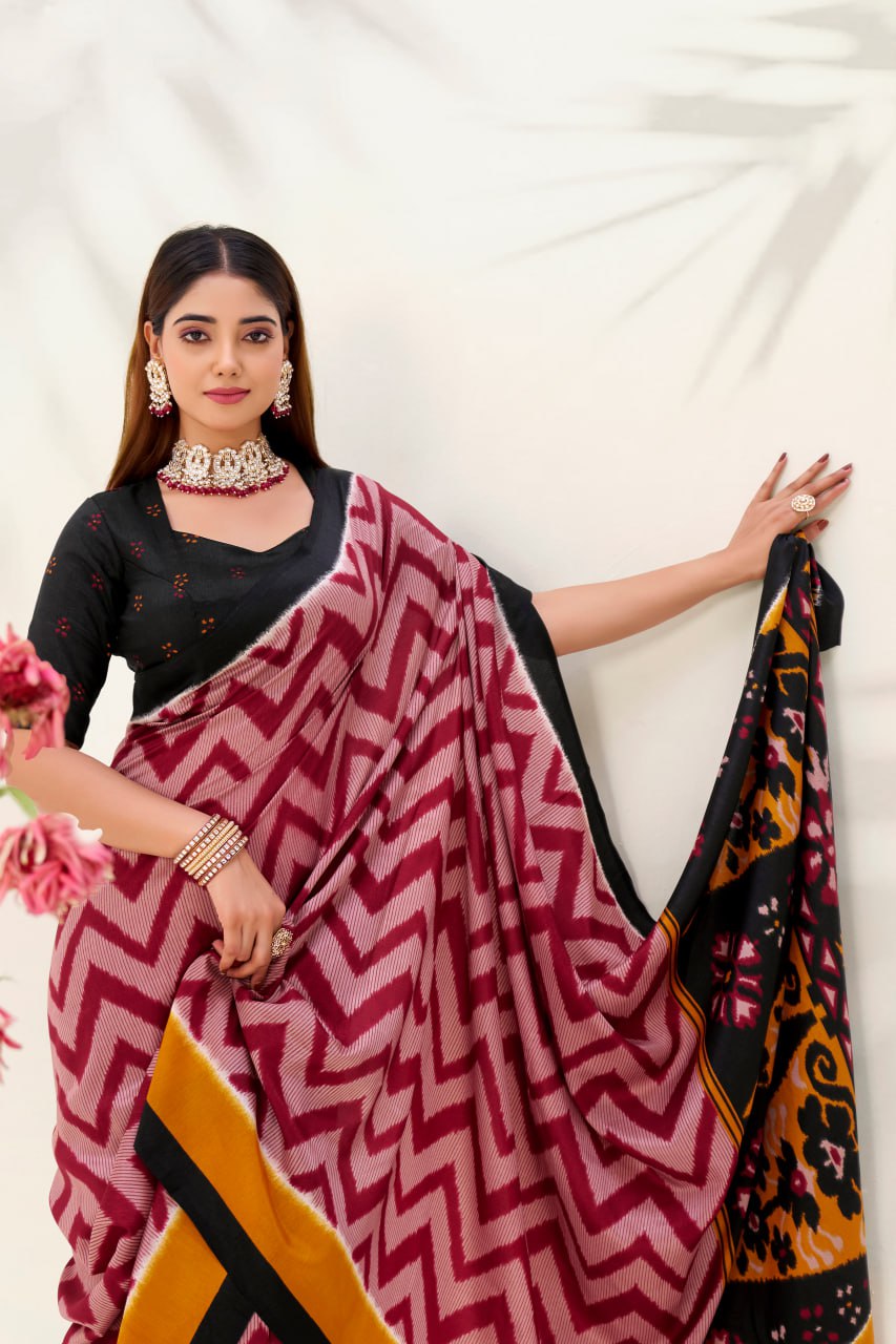 Maroon Elegant Zigzag Tasar Silk Printed Saree with Matching Blouse